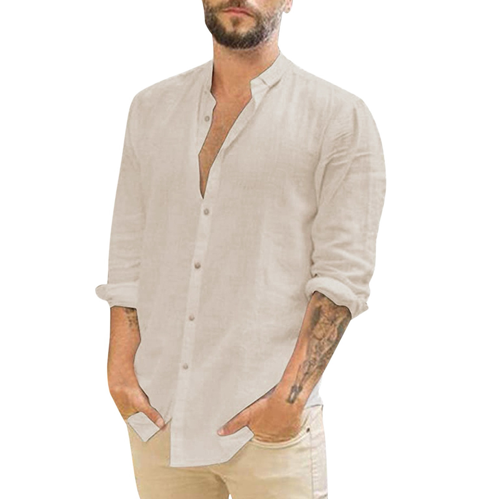 thumbnail image 2 of Camisa de manga larga con cuello vuelto para hombre - Diseño liso - Algodón - Informal para todas las estaciones - Tallas M-XXXL, 2 of 8